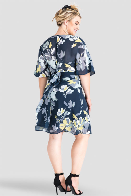 Plus Size Navy Floral Chiffon Knee Length Kimono Wrap Dress 