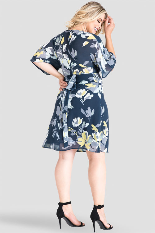 Plus Size Floral Navy Chiffon Knee Length Kimono Wrap Dress 