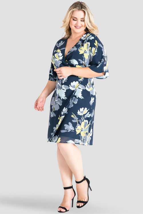 Plus Size Standards & Practices Chiffon Navy Floral Knee Length Kimono Wrap Dress 