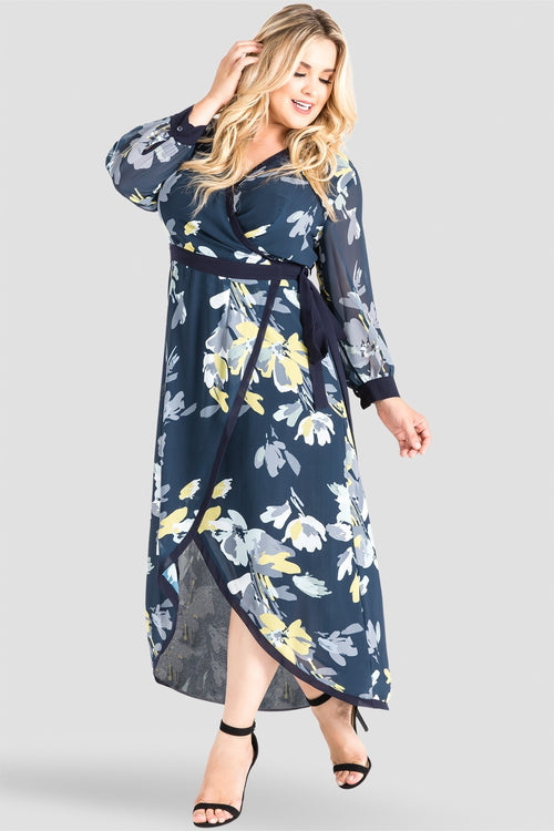 Plus Size Standards & Practices Navy Floral Print Kimono Wrap High-Low Dress