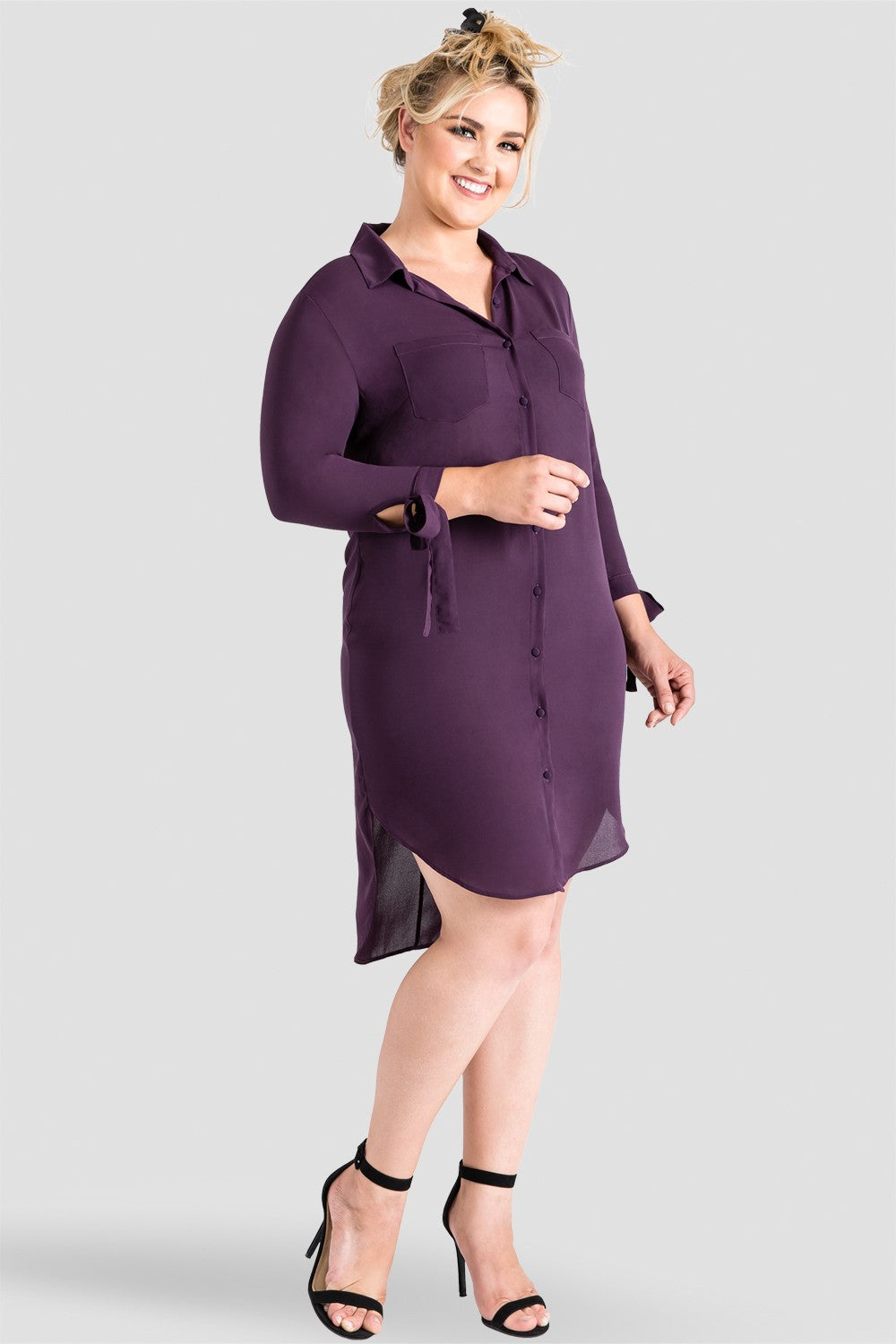 Plus Size Standards & Practices Women's Collared Purple Chiffon Shirtdress, Tie Sleeves - Jay Low