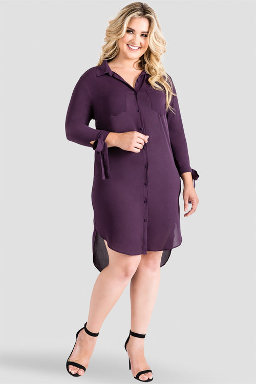 Plus-Size Chiffon Purple Button-Down Shirtdress