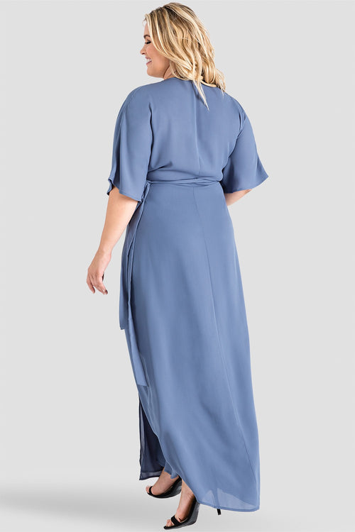 Plus Size Slate Blue Floral Chiffon Kimono Maxi Dress 