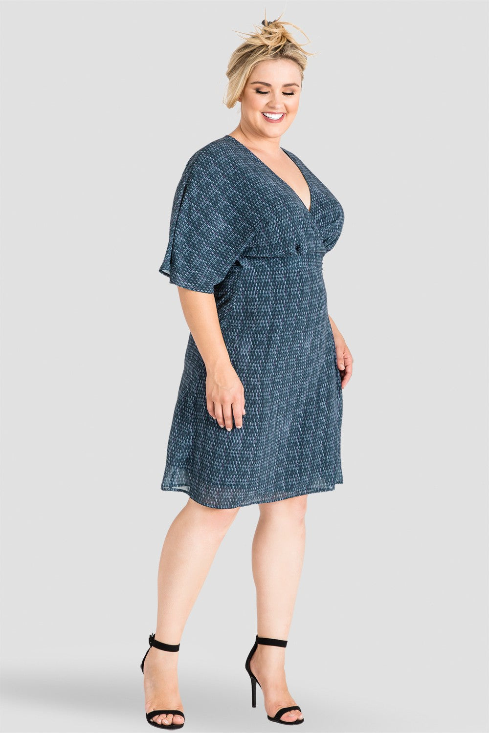 Plus Size Standards & Practices Women's Gray V-Neck Kimono Wrap Knee-Length Dress, Snakeskin Print - Candice