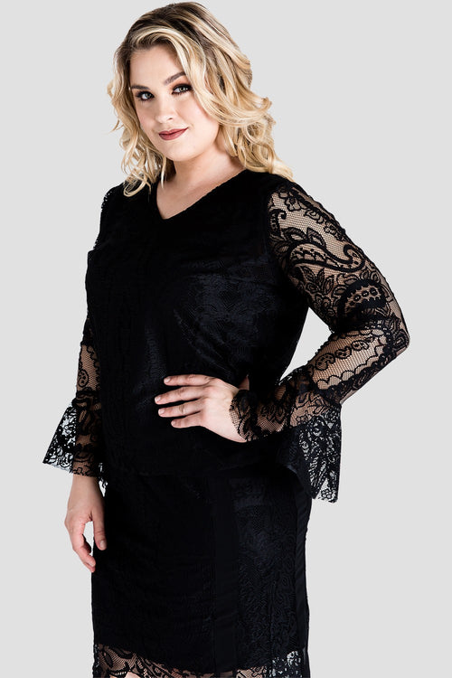 Plus Size Black Lace Flare Sleeve Women's Shirt 