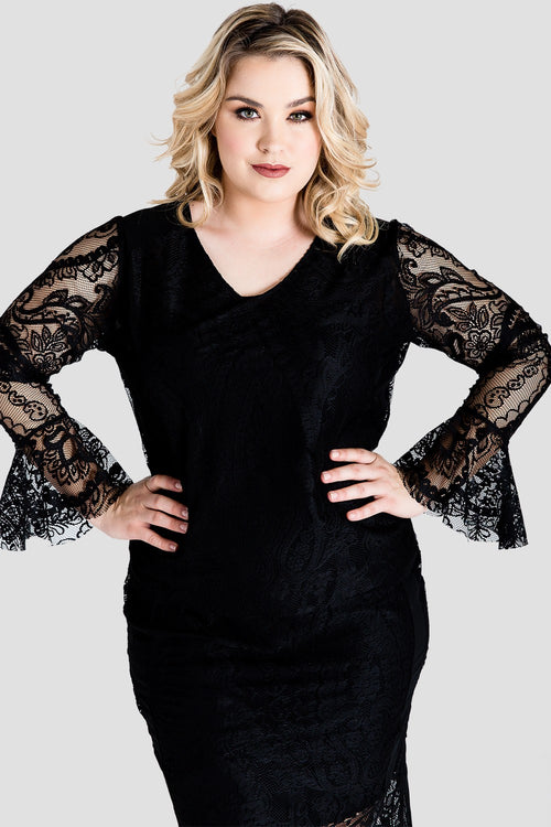 Plus Size Black Lace Flare Sleeve Women's Shirt 