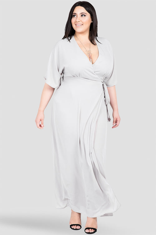 Plus Size Smoke Grey Print Long Wrap Dress 