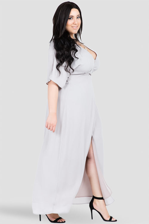 Plus Size Olivia Woven GGT Light Gray Print Kimono Wrap Maxi Dress Side