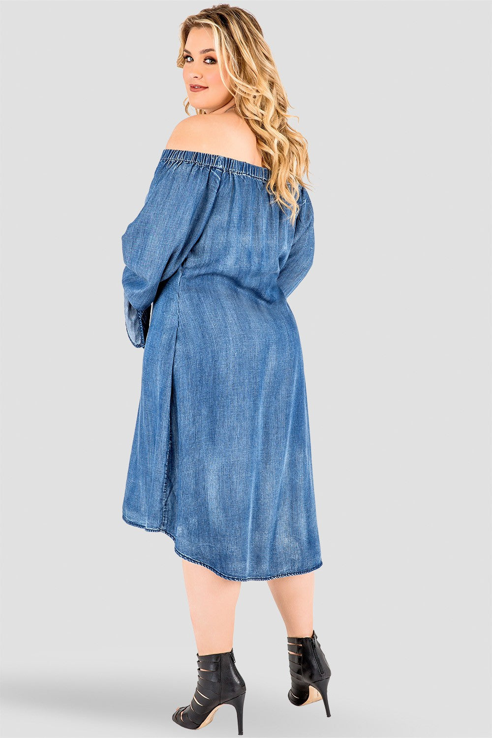 Plus Size Standards & Practices Julie Denim Tencel Off-The-Shoulder Peasant Dress - High Low Hem | Casual Contemporary Plus Size Designer Dresses Online StandardandPractices Plus Size Standards & Practices Julie Denim Tencel Off-The-Shoulder Peasant Dress - High Low Hem | Casual Contemporary Plus Size Designer Dresses Online StandardandPractices