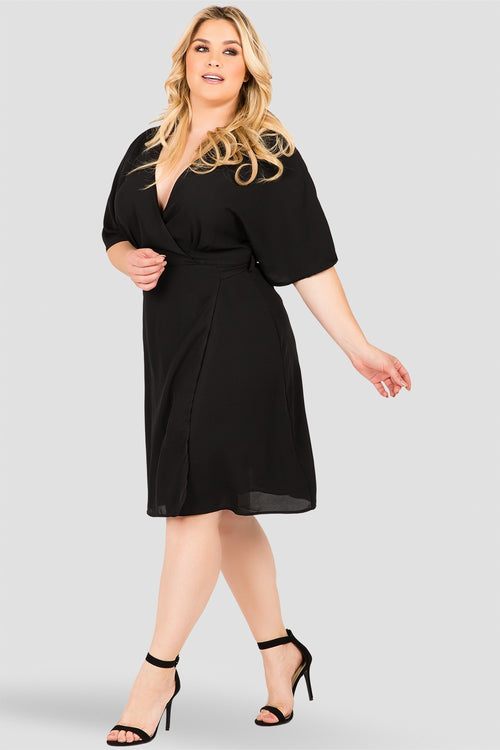 Plus Size Black Print Knee-Length Wrap Dress 