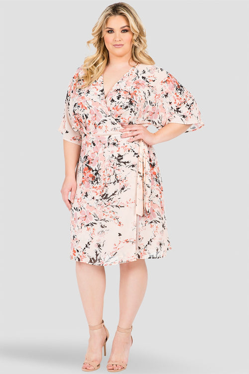 Plus Size Candice V-Neck Kimono Wrap Midi Dress Peach Pink Floral Print