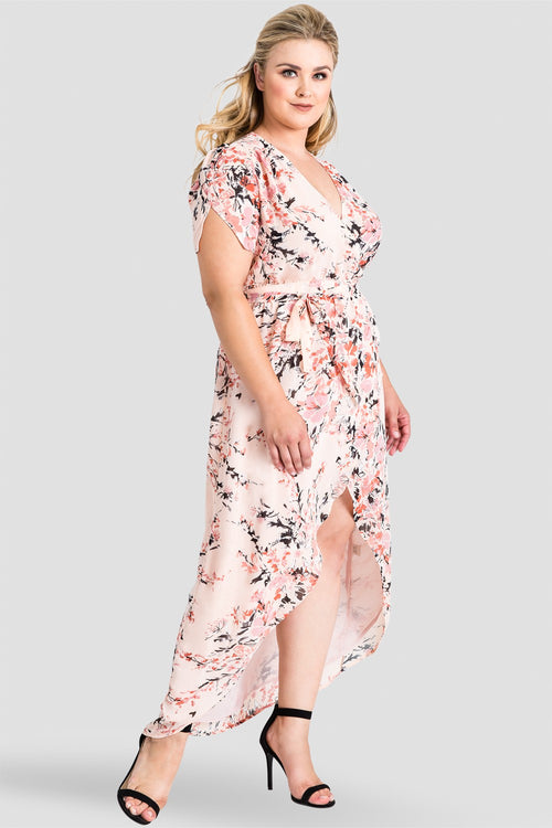 Plus Size Peach & Pink Floral Print V-Neck Maxi Dress 