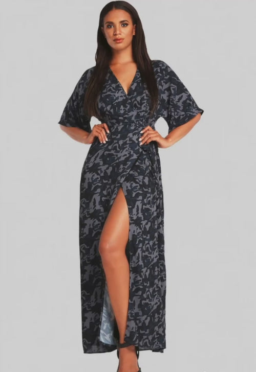 Olivia Woven Chiffon Camo Print Kimono Wrap Maxi Dress