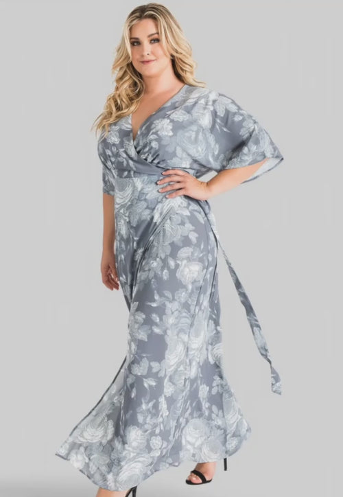 Plus Size Olivia Gray Floral Print Chiffon Kimono Wrap Maxi Dress