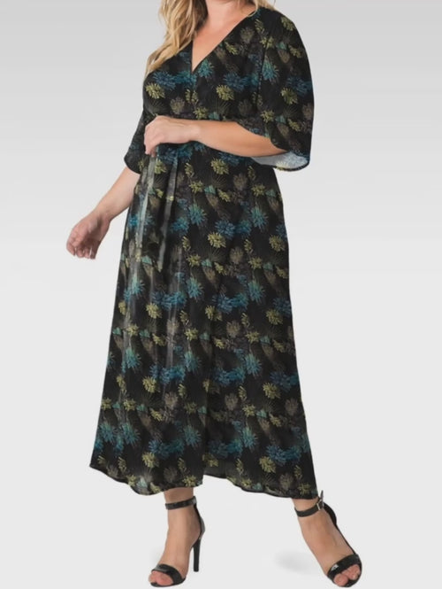 Plus Size Olivia Kimono Wrap Maxi Dress - Black Sparkler
