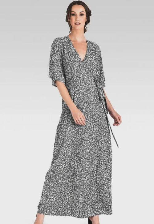Olivia Smoke Leopard Print Kimono Wrap Maxi Dress
