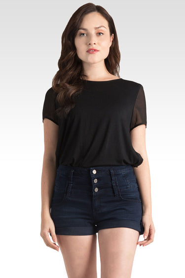 High Waist Three Button Indigo Shorts by Standards & Practices 