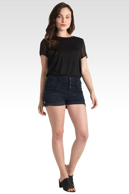 High Waist Three Button Indigo Shorts by Standards & Practices 