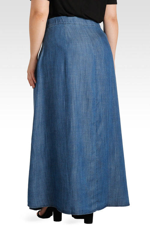 Plus Size Zalena High-Waisted Tencel Denim A-Line Maxi Skirt