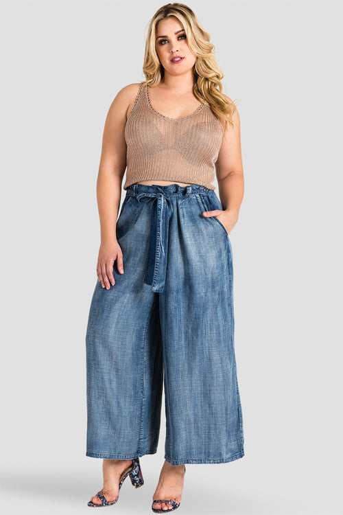 plus size medium blue tencel denim palazzo pants with tie waist