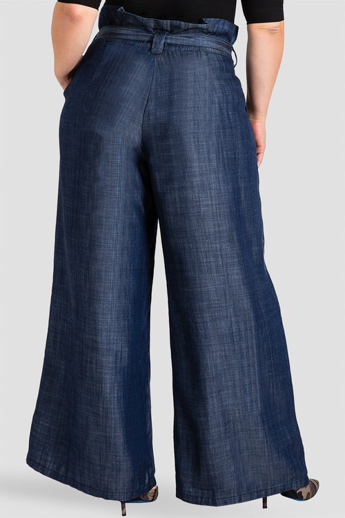 plus size dark blue statement tencel denim palazzo trousers