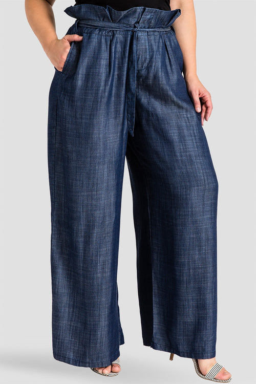 plus size paper bag waist tencel denim palazzo pants