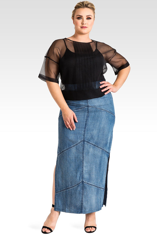 contemporary plus size tencel jean maxi skirt with seam design