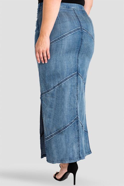 contemporary plus size tencel denim maxi skirt with chevron stitching