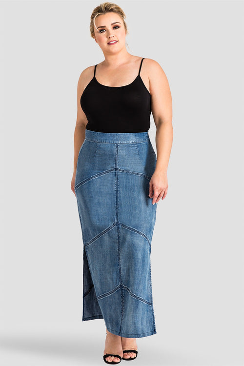 contemporary plus size tencel jean maxi skirt with seam design