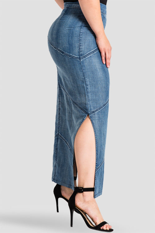 contemporary plus size tencel denim maxi skirt with side split