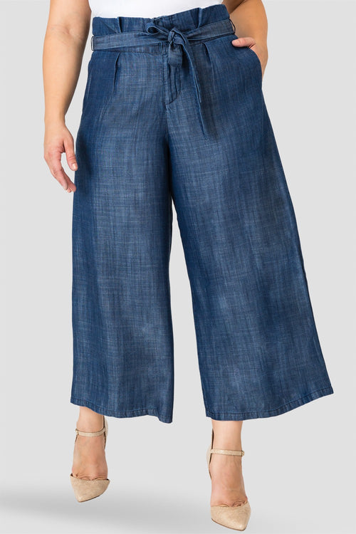 Standards & Practices Plus Size Paper Bag Waist Belted Dark Wash Tencel Gauchos