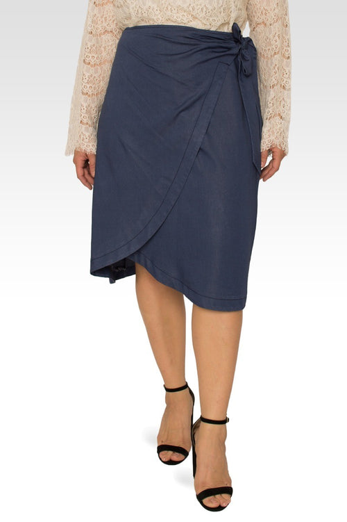 Brie Plus Size Dark Indigo High Waist Tie Wrap Tencel Skirt