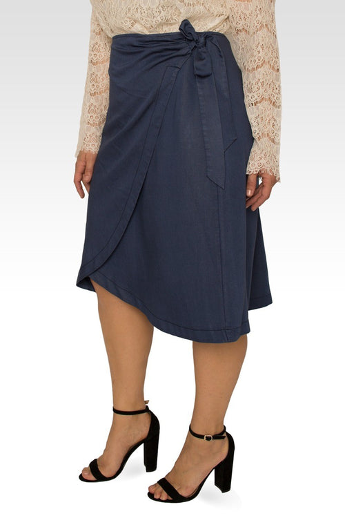Brie Plus Size Dark Indigo High Waist Tie Wrap Tencel Skirt