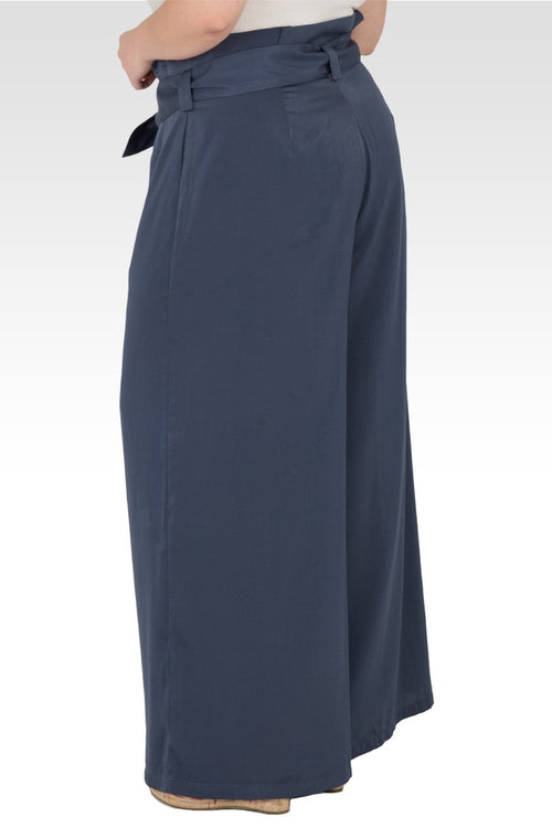 Plus Size Sue Paper Bag Waist Palazzo Pants - Midnight Blue Washed Satin
