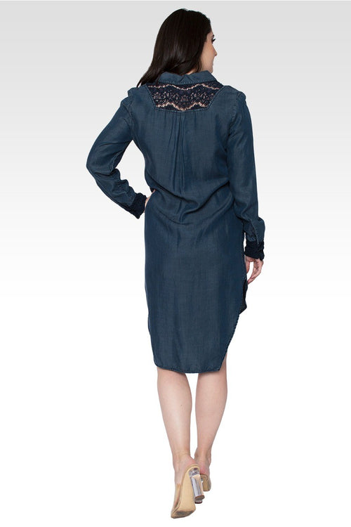 Felicity Long-Sleeved Collared Tencel Denim Shirt Dress With Lace Insets