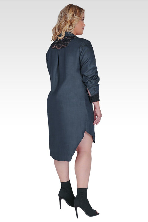 Plus Size Felicity Long-Sleeved Collared Tencel Denim Shirt Dress with Lace Insets