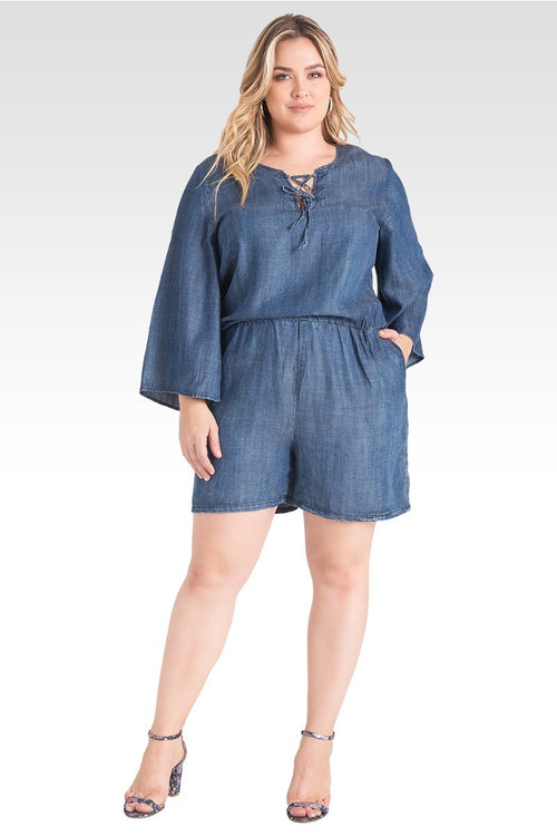 Plus Size Barbie Bell Sleeve Lace-Up Romper - Tencel Denim