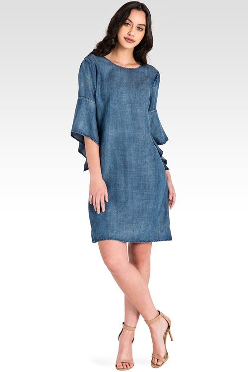 Women's Denim Flounce Bell Flare Sleeve Dress