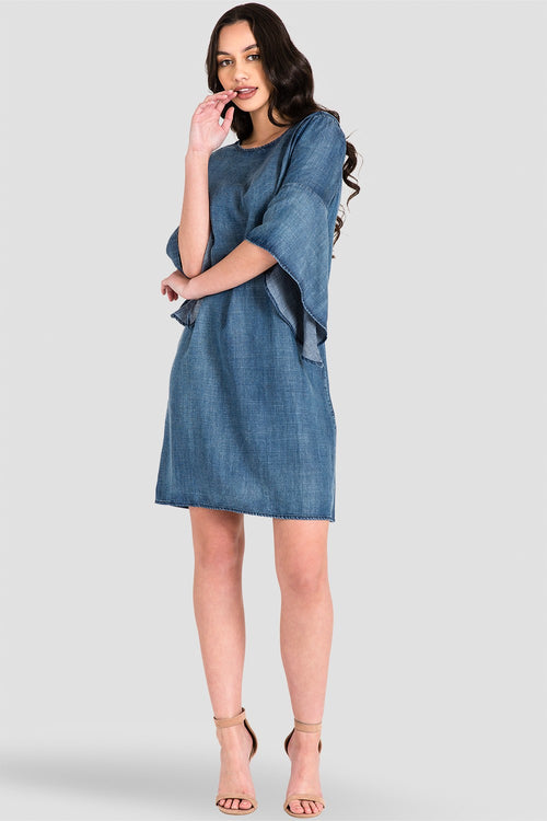 Standards & Practices Flounce Flare Sleeve Shift Dress (Tencel Denim) - Sharon
