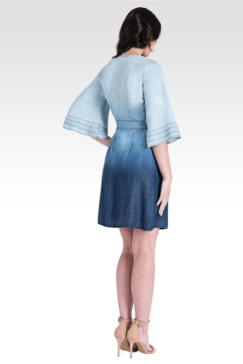 LuLu Tiered Ruffle Bell Sleeve Wrap Dress - Dip Dyed Ombre Tencel Denim