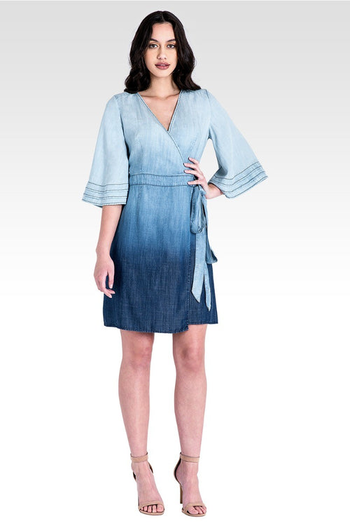 Women's Tiered Ruffle Flare Sleeve Ombre Tencel Denim Wrap Dress 