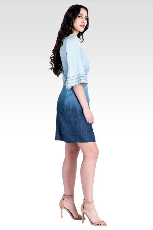 LuLu Tiered Ruffle Bell Sleeve Wrap Dress - Dip Dyed Ombre Tencel Denim