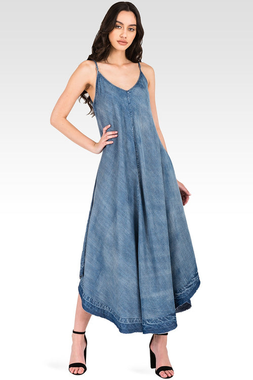 Women's Spaghetti Strap Denim Tencel Midi Slip Dress Back