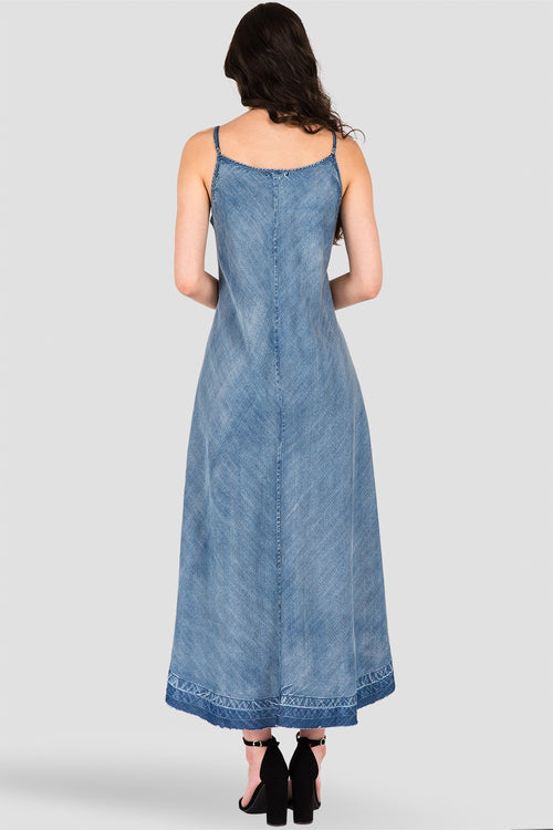 Women's Spaghetti Strap Denim Tencel Midi Slip Dress Back
