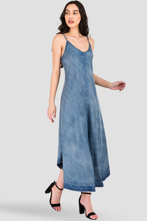Women's Spaghetti Strap Denim Tencel Midi Slip Dress Front