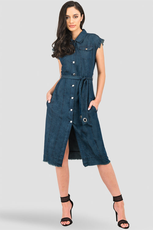 Standards & Practices Long Drop Shoulder Sleeveless Grommet Belt and Released Hem Jacket