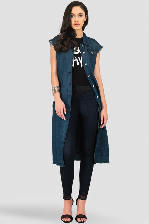 Standards & Practices Long Drop Shoulder Sleeveless Grommet Belt and Released Hem Jacket