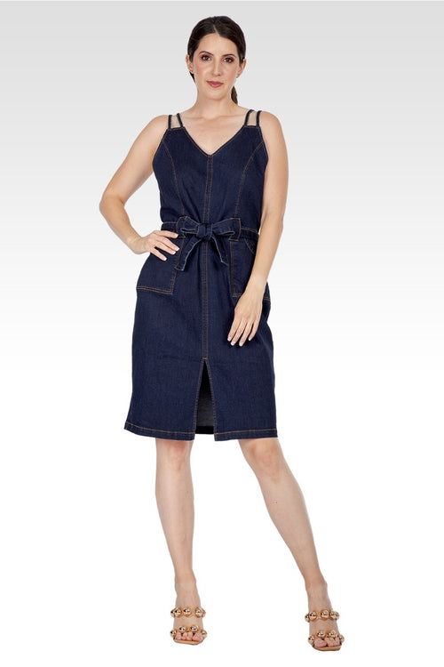 Gianna Women's Denim Front Slit Double Strap Casual Midi Dress