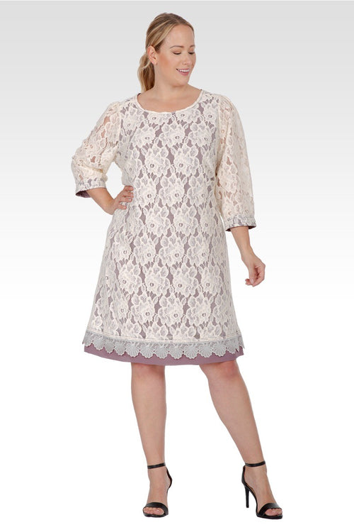 Everleigh Women's Plus Size Elegant  Floral  Lace Boat Neck 3/4 sleeve Midi Dress