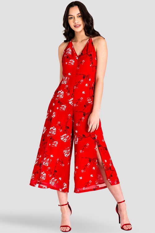 Dianna Halter Capri Jumpsuit with Front Splits - Red Floral